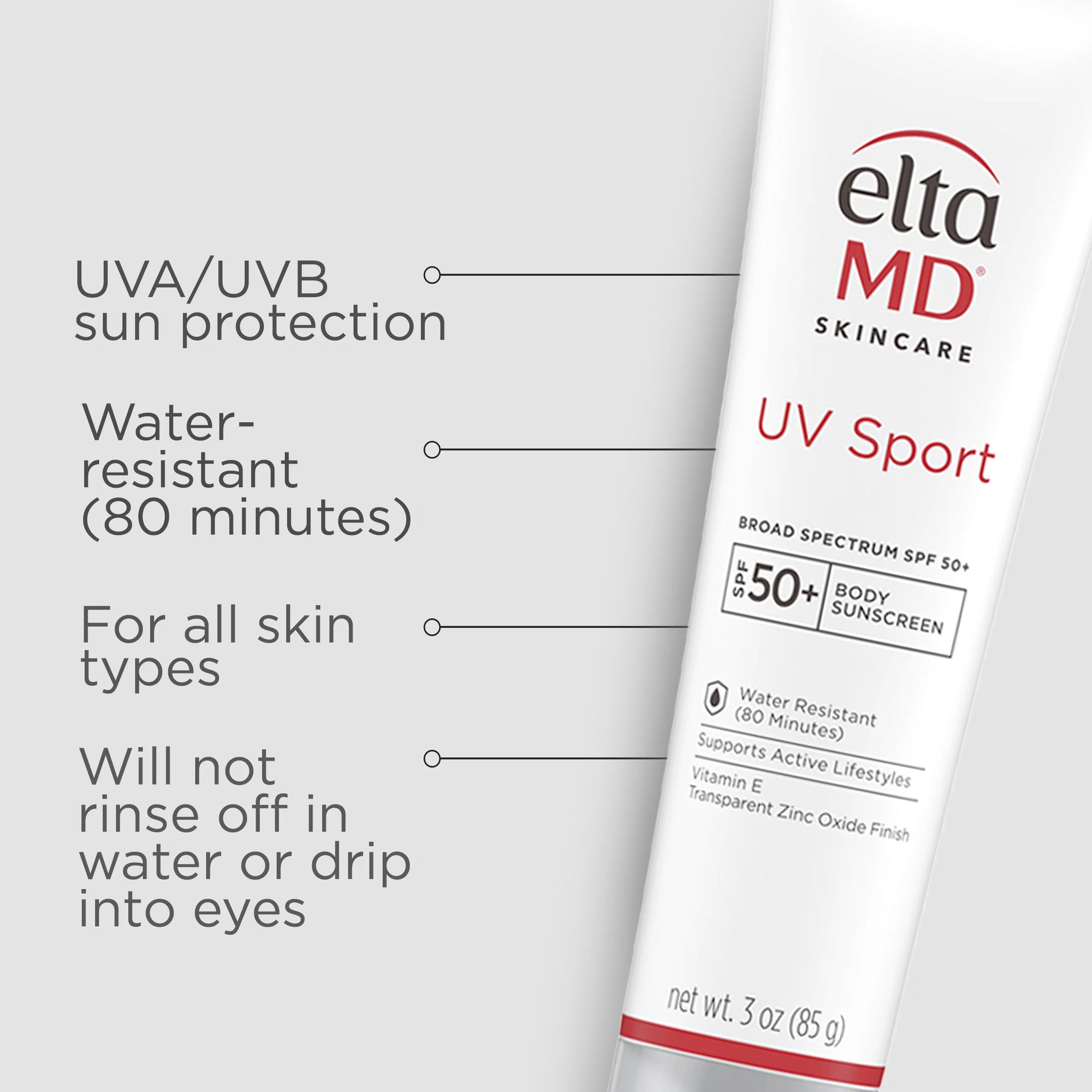 Eltma MD UV Sport sunscreen tube with product features listed on a gray background