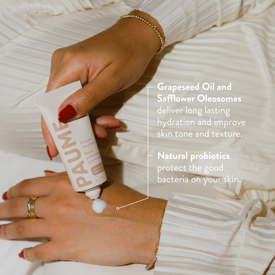 Hand applying PAUM skincare product with text about ingredients and benefits.