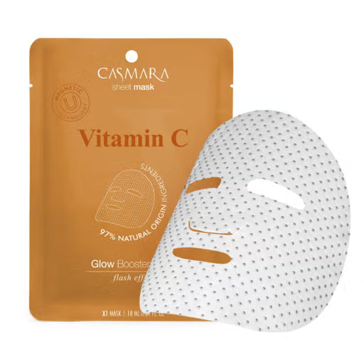 Casmara Vitamin C sheet mask packaging with a white mask on a white background