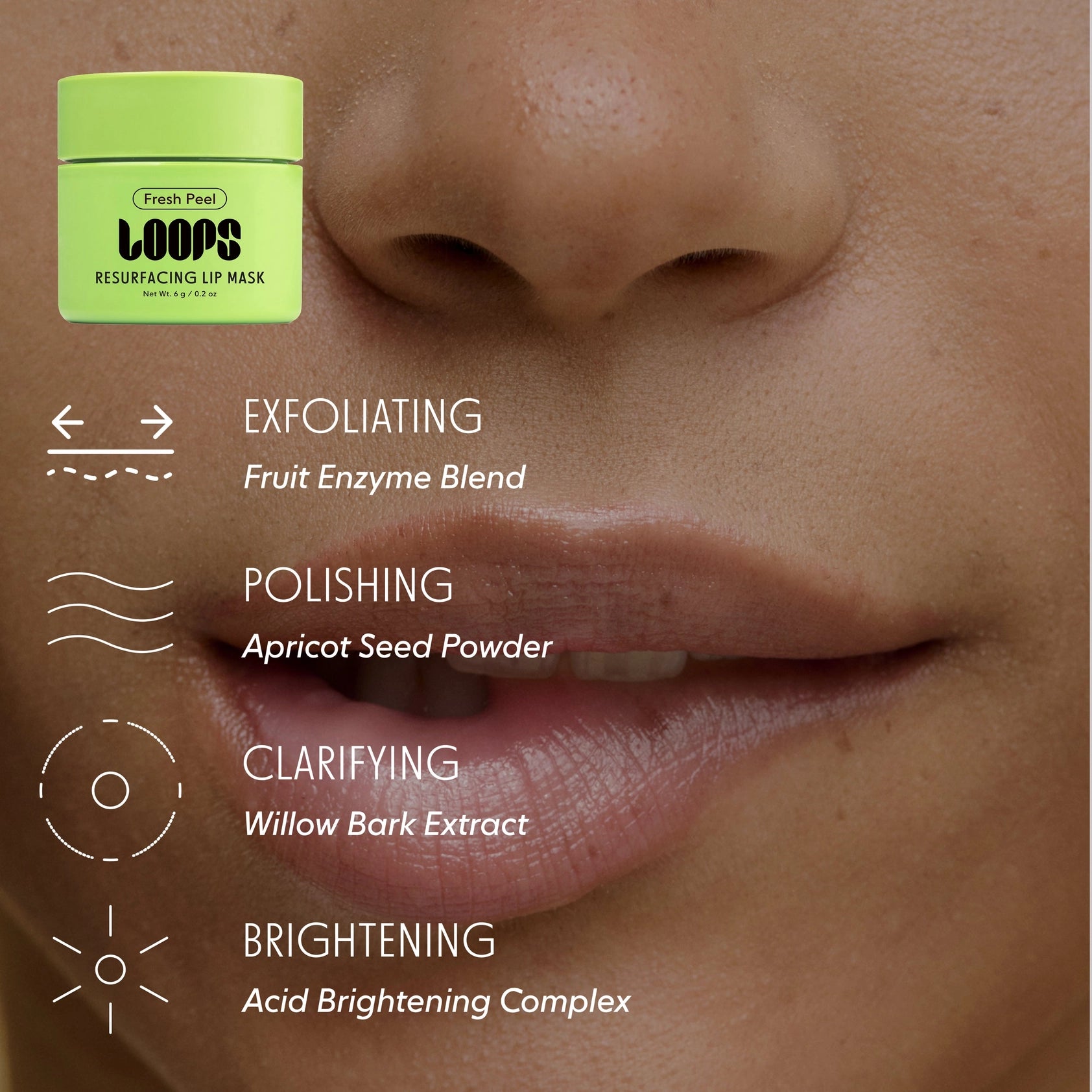 Lip mask packaging with product features on a close-up of lips and skin.