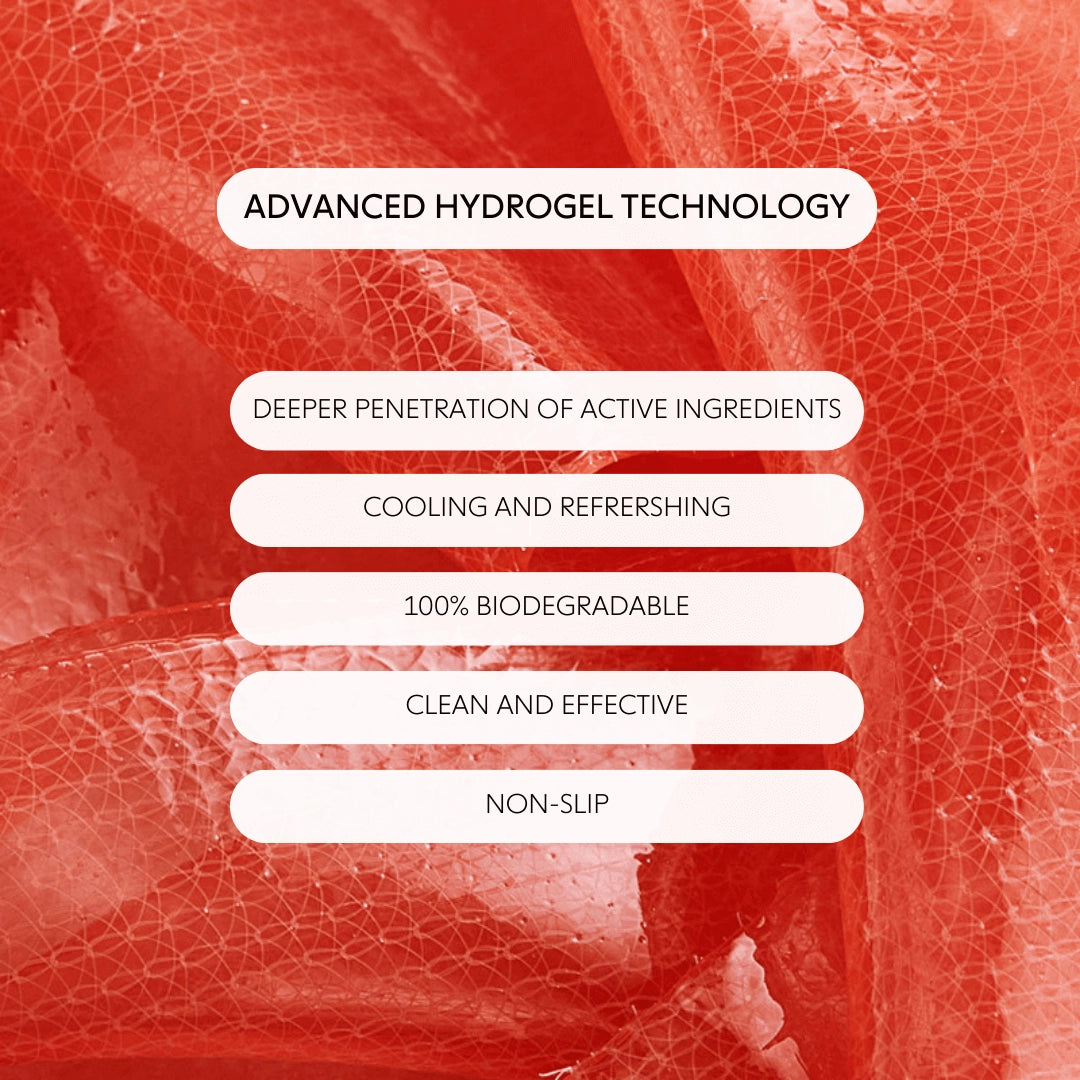 Text highlighting advanced hydrogel technology with a red textured background