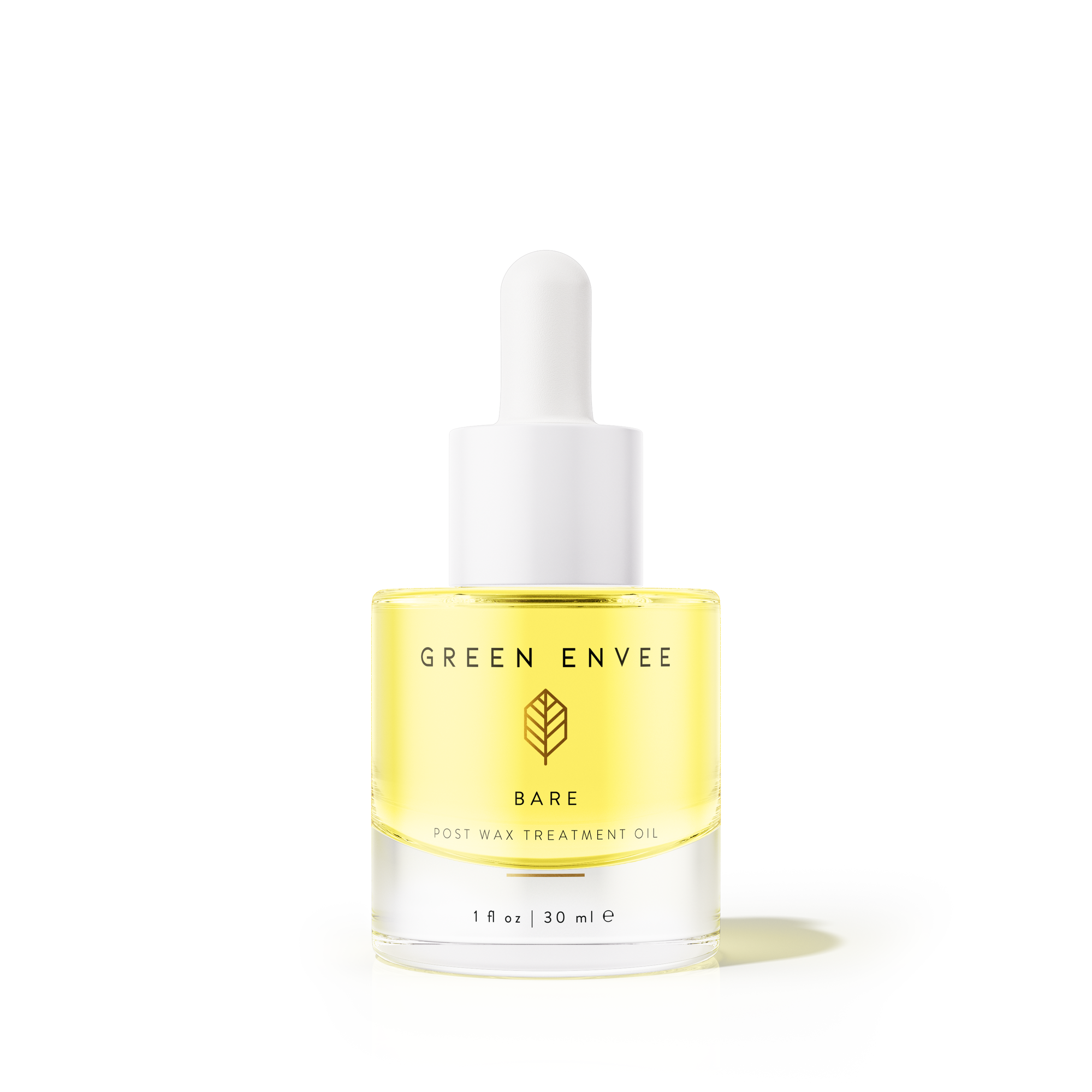 bottle of Green Envee Bare hair removal treatment oil on a white background