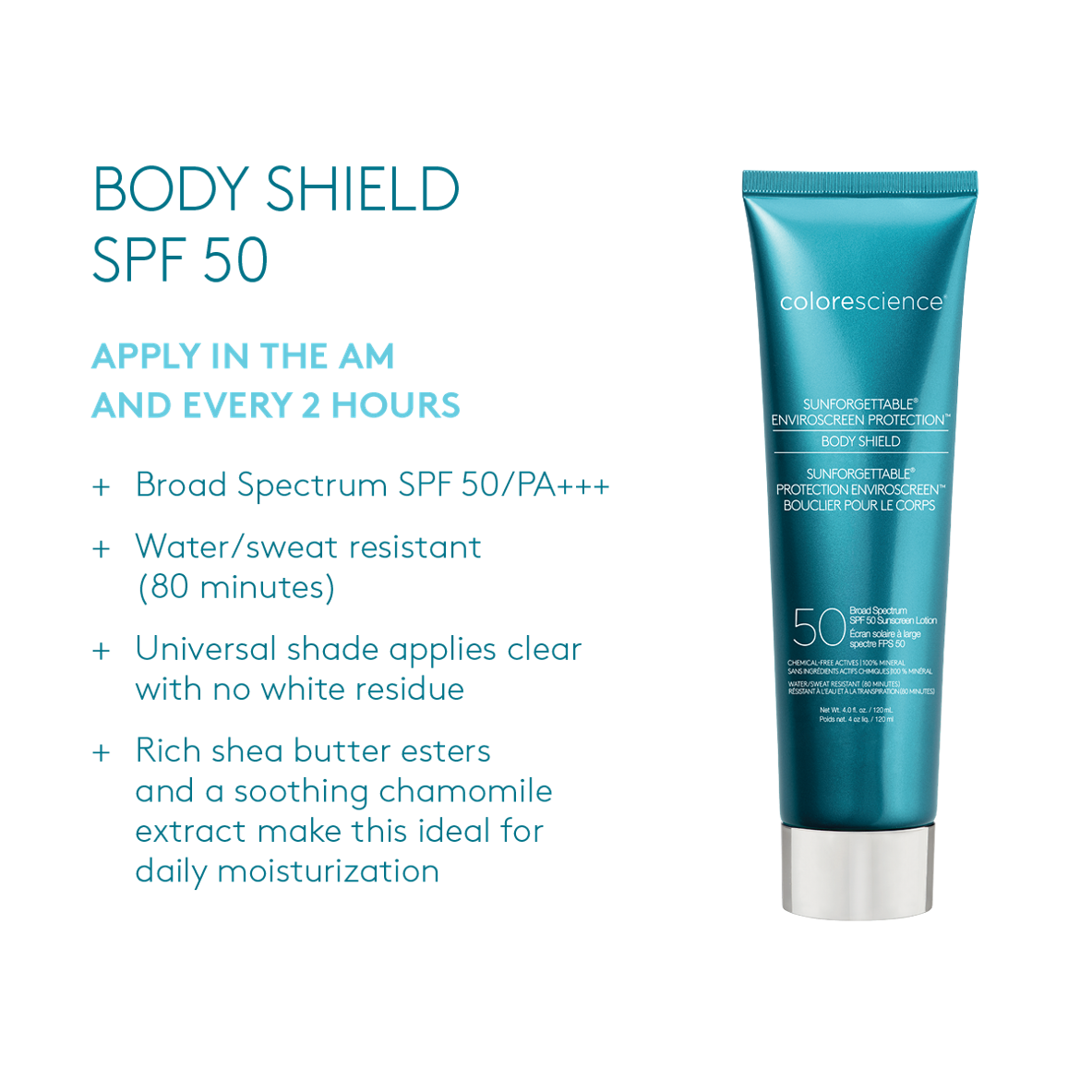 Colorescience Body Shield SPF 50 sunscreen tube with product details on a white background