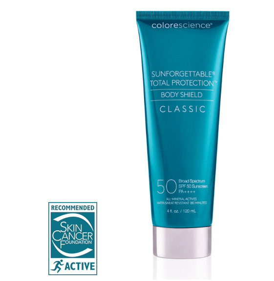 Blue sunscreen tube with 'colorescience' branding on a white background