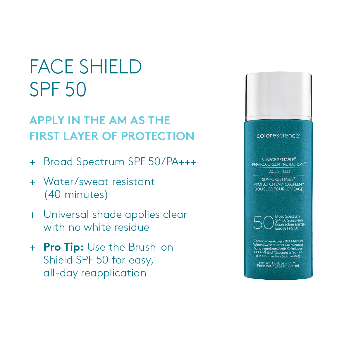 Colorescience Face Shield SPF 50 bottle with product details on a white background