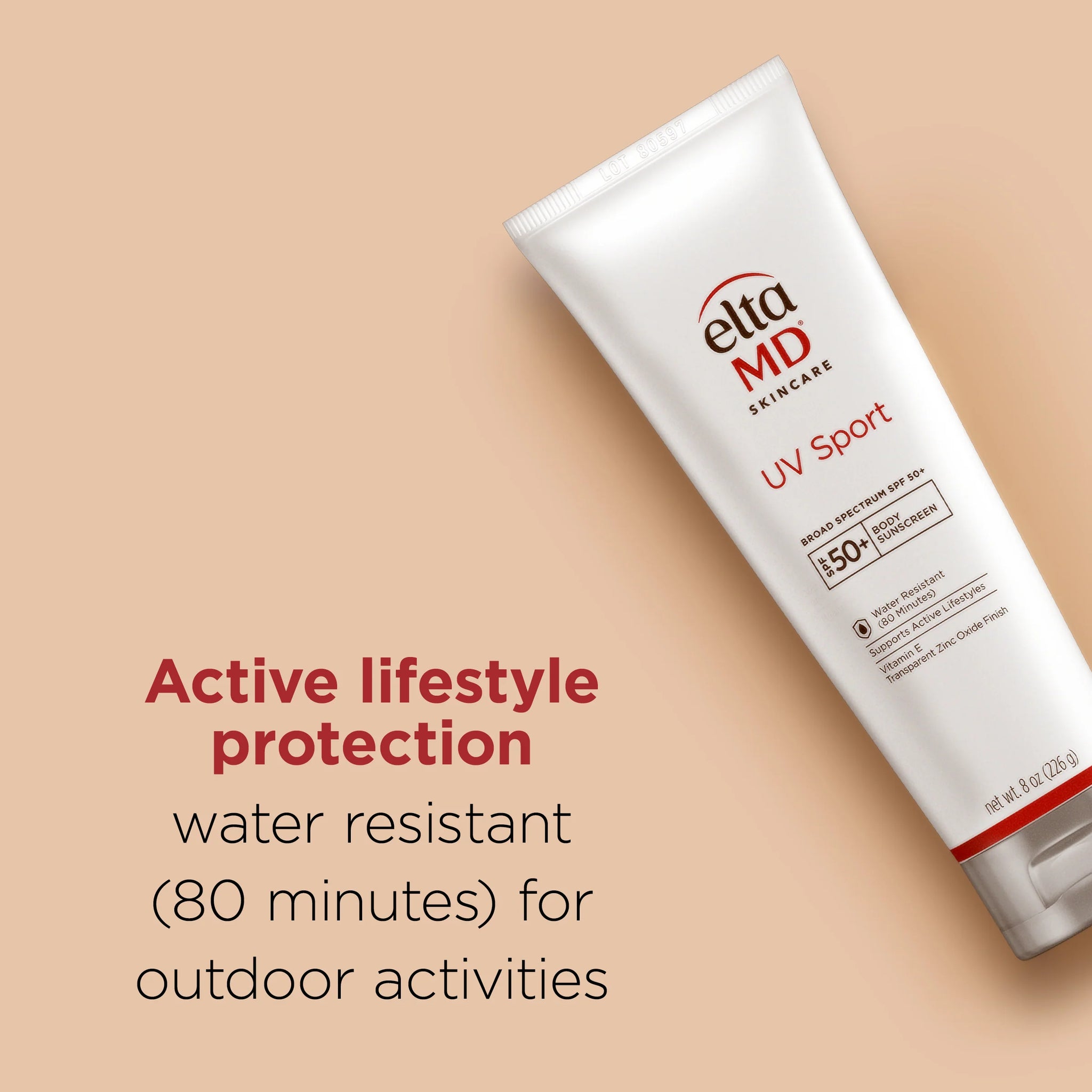Elta MD UV Sport sunscreen tube on a beige background with text about active lifestyle protection.