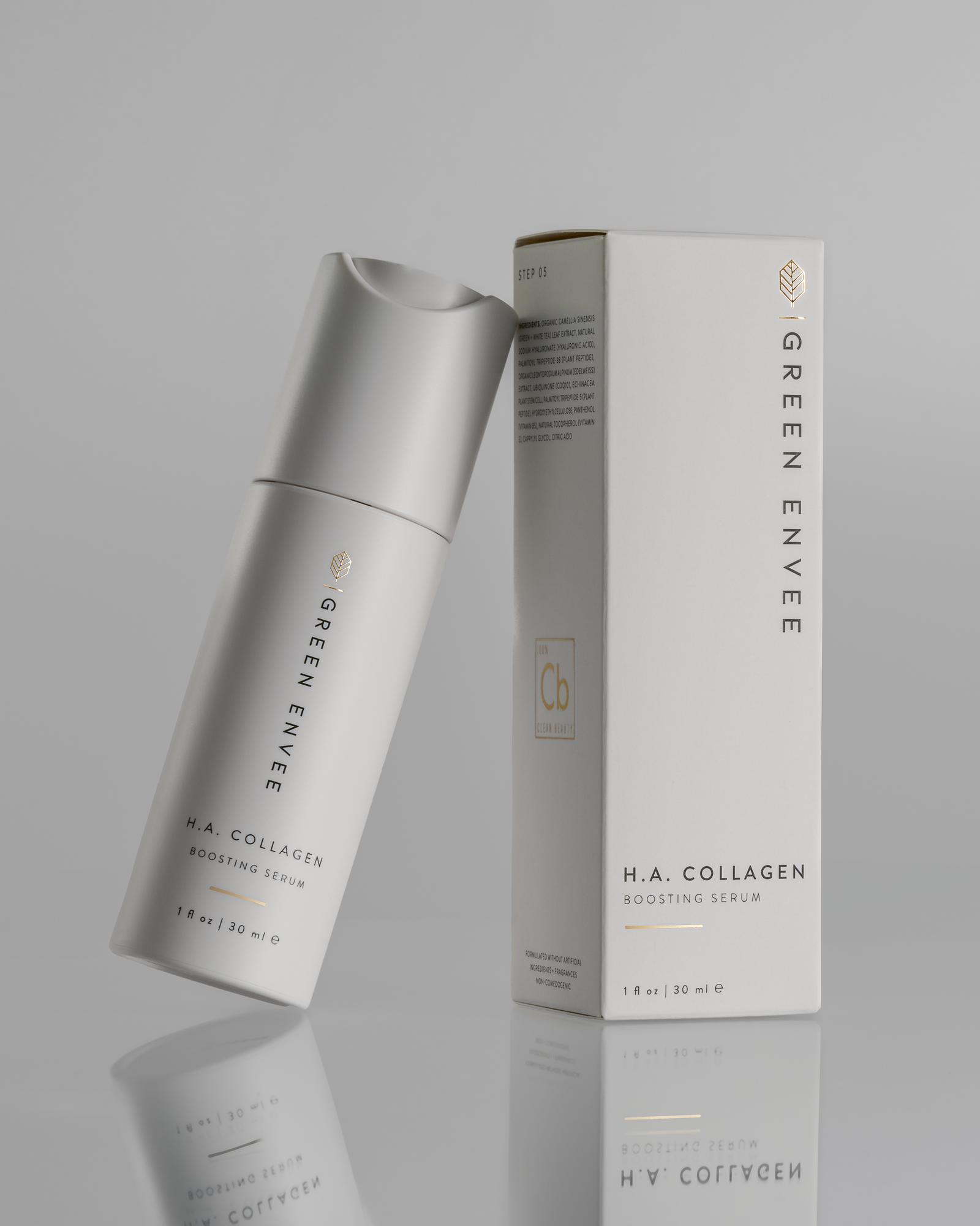 Green Envee H.A. Collagen Boosting Serum bottle and packaging on a gray background