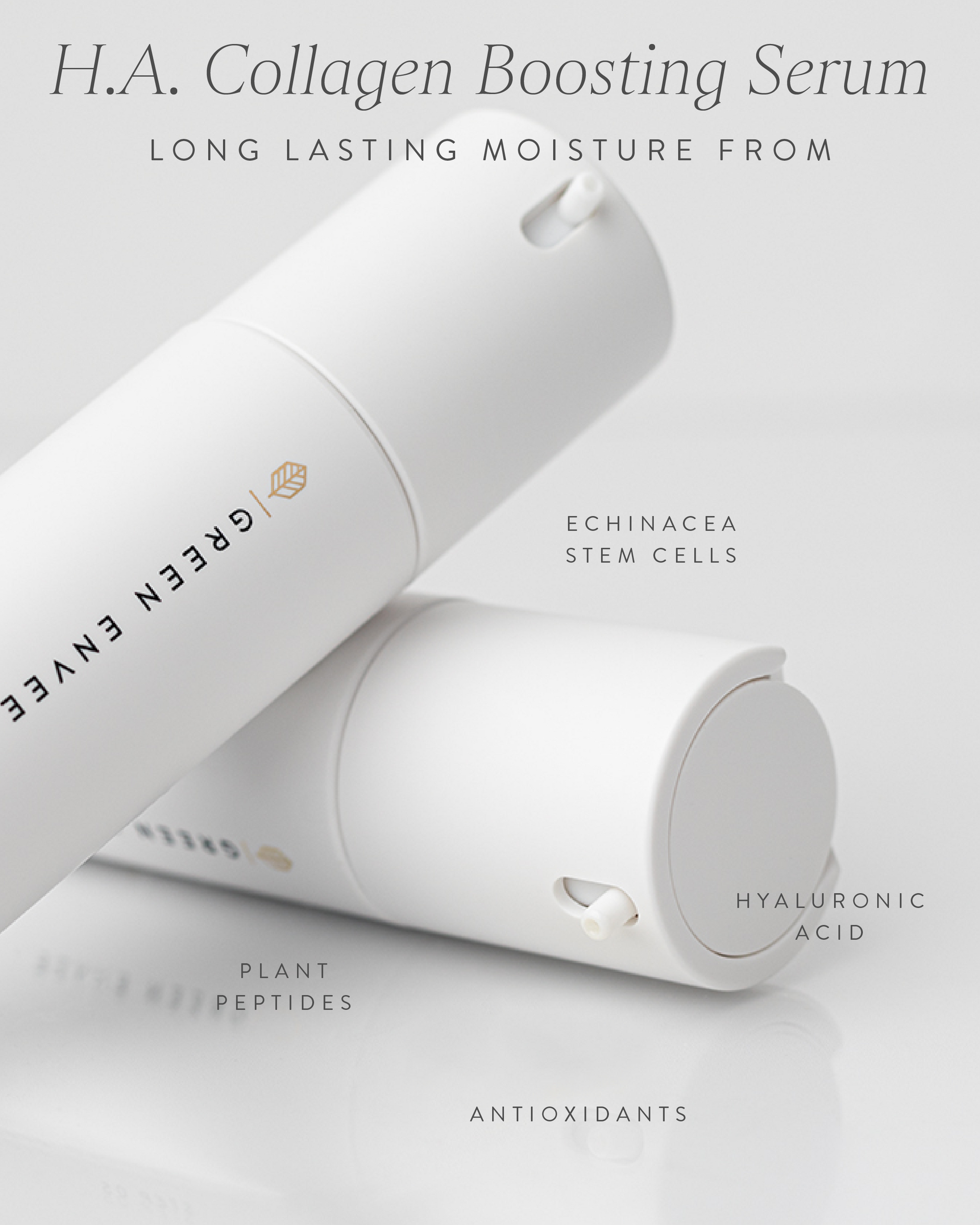 Two white skincare bottles of HA Collagen Boosting Serum with text highlighting ingredients on a light gray background