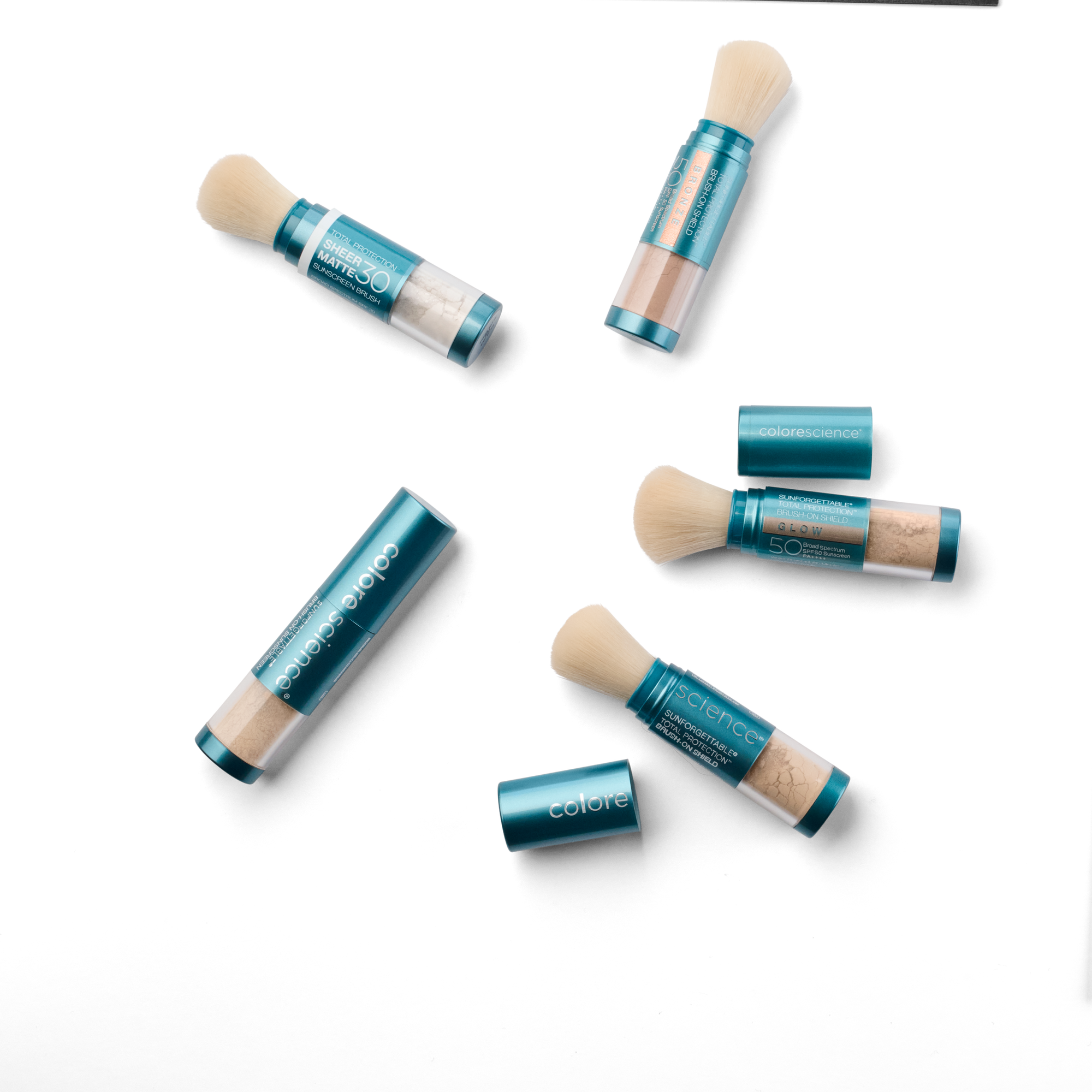 Collection of colorescience SPF brush on applicators on a white background