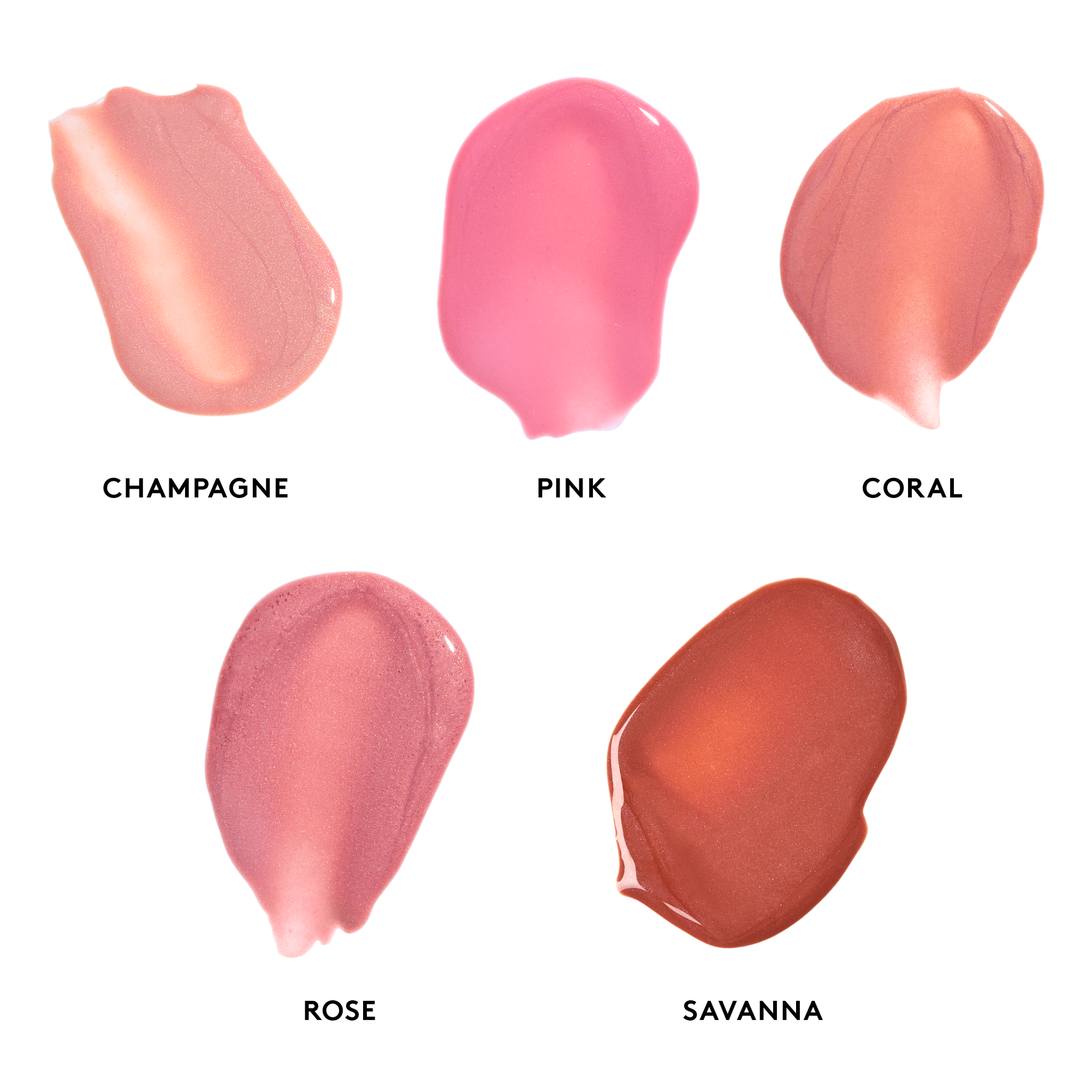 Five swatches of lip gloss in different colors with labels on a white background.