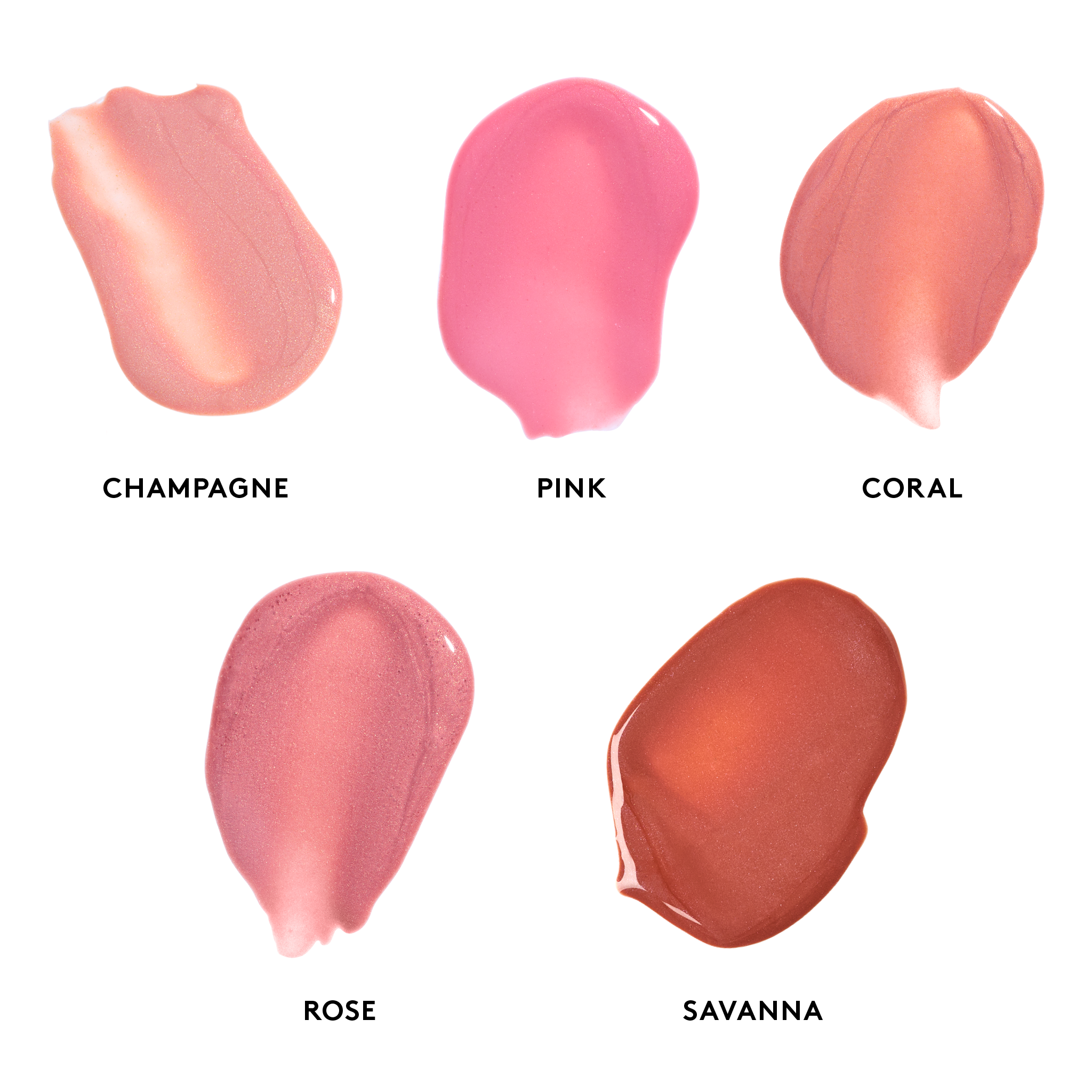 Five swatches of lip gloss in different colors with labels on a white background.