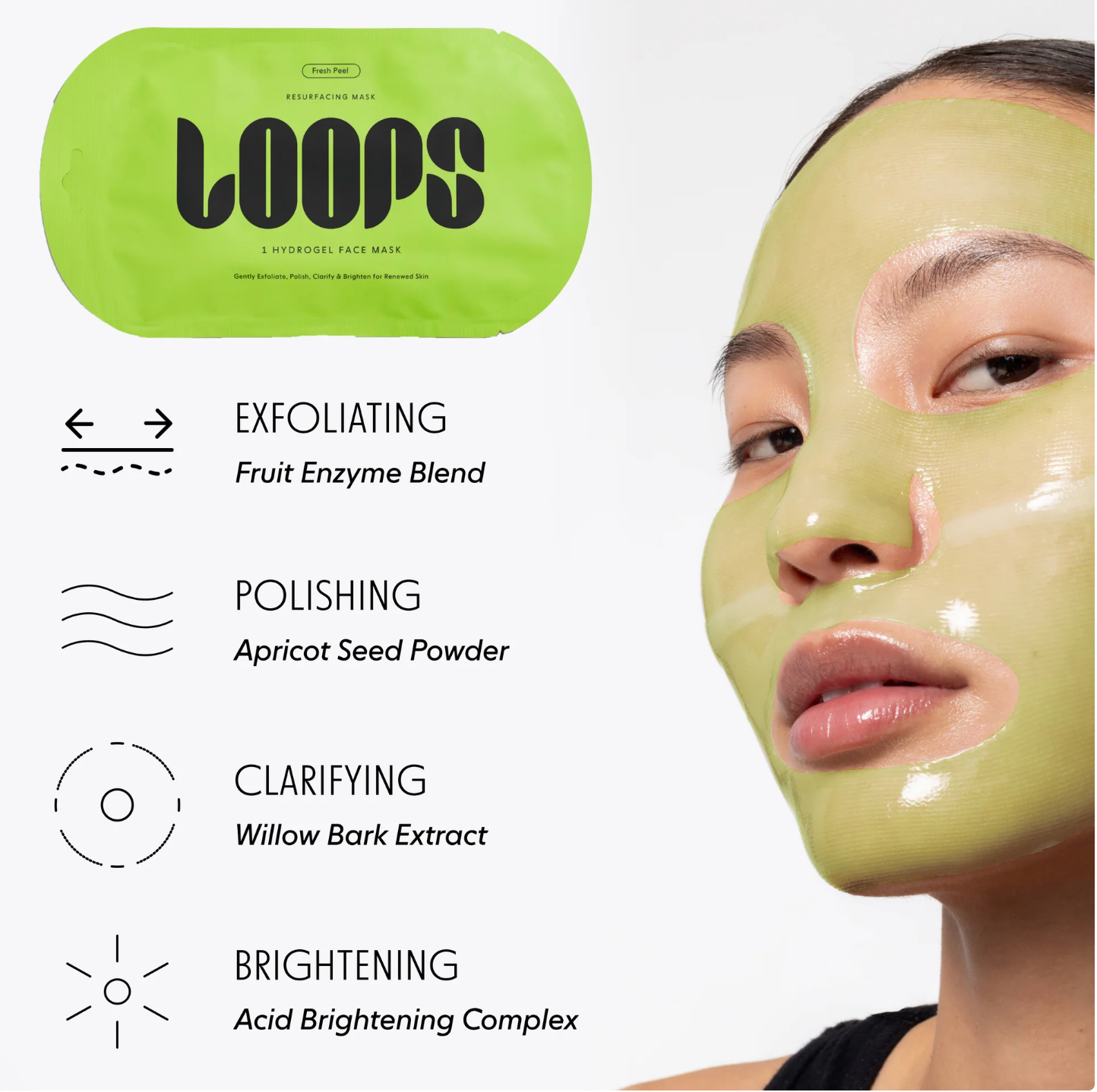 Person wearing a green face mask with product details on a white background