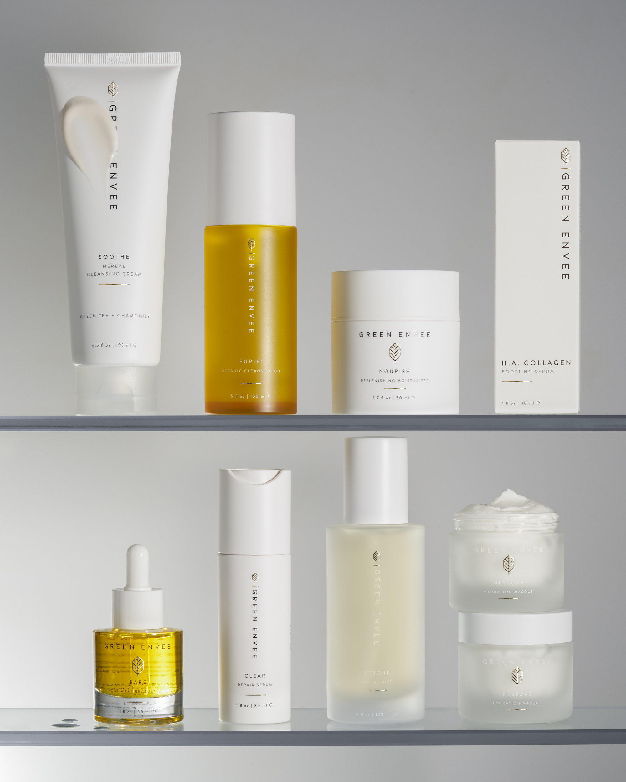Collection of skincare products on a gray shelf with 'Green Eves' branding.
