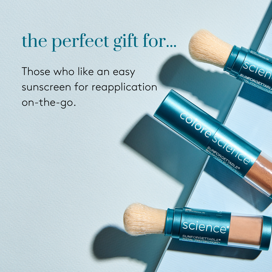 three 'colorescience' sunscreen applicators with brushes on a light blue background.