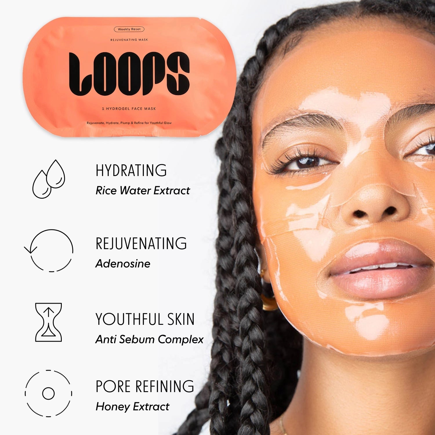 Woman with facial mask applied, LOOPS product packaging above, with text about ingredients.