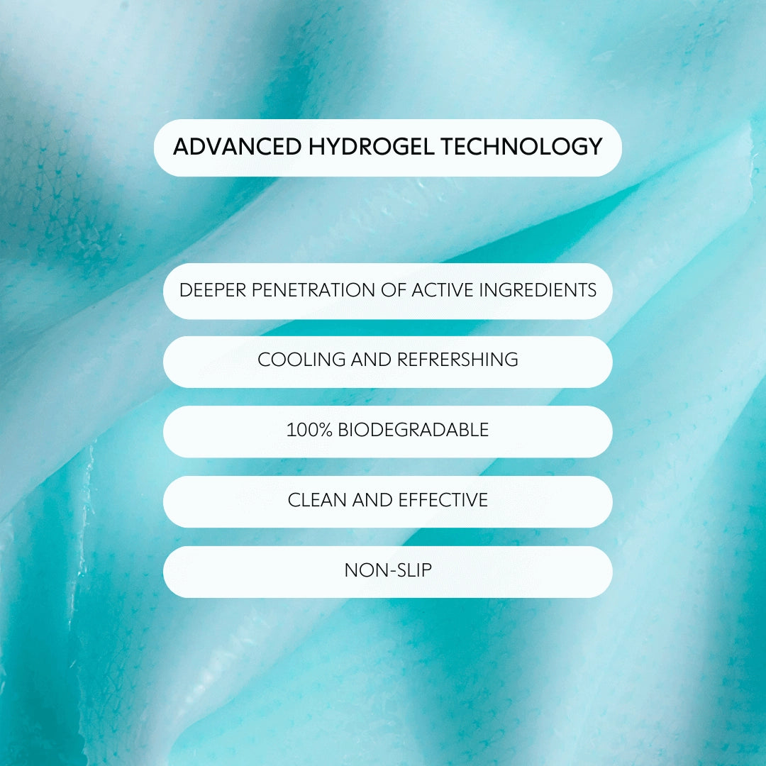 Text on advanced hydrogel technology with a blue gradient background