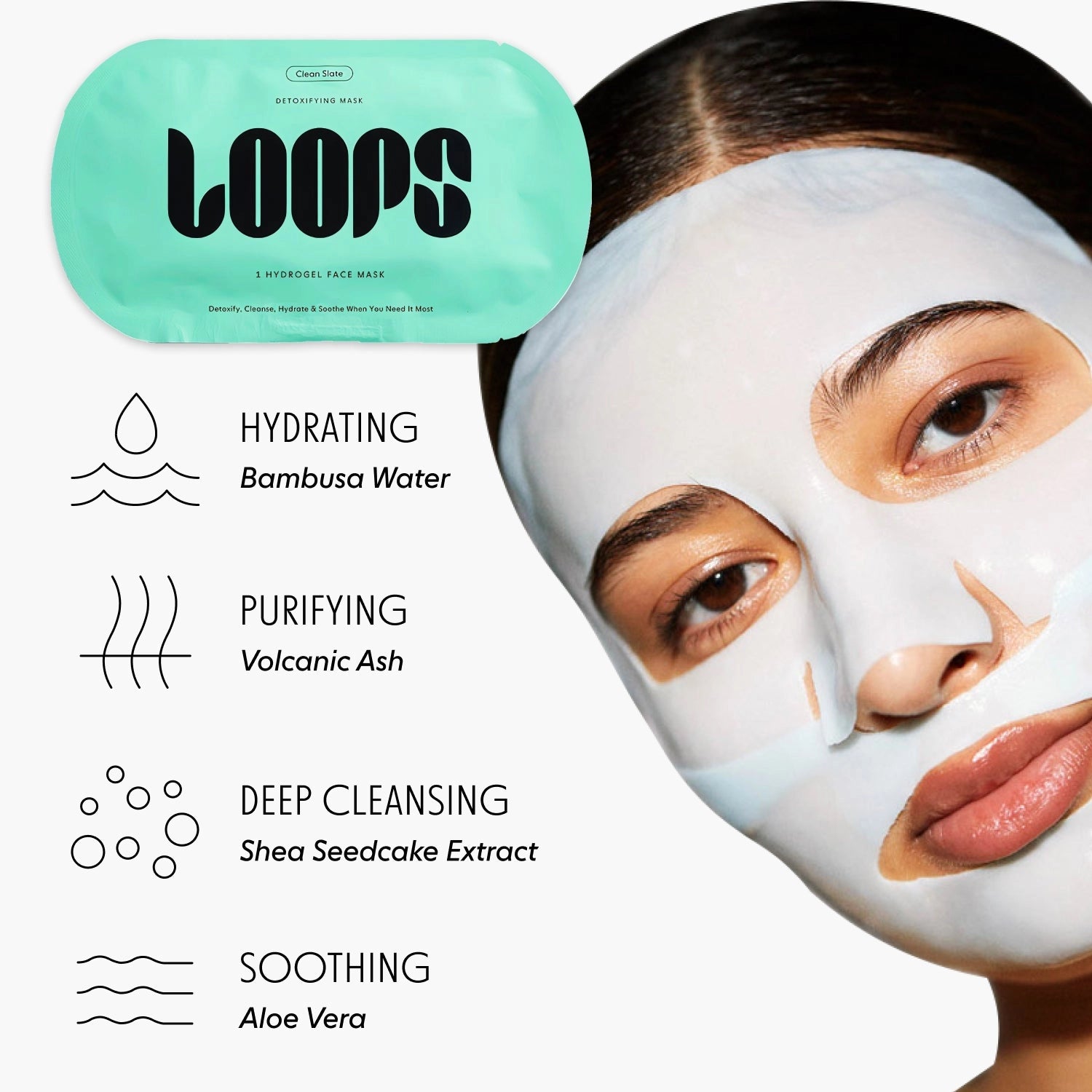 Woman wearing a face mask with Loop's packaging and ingredients listed.