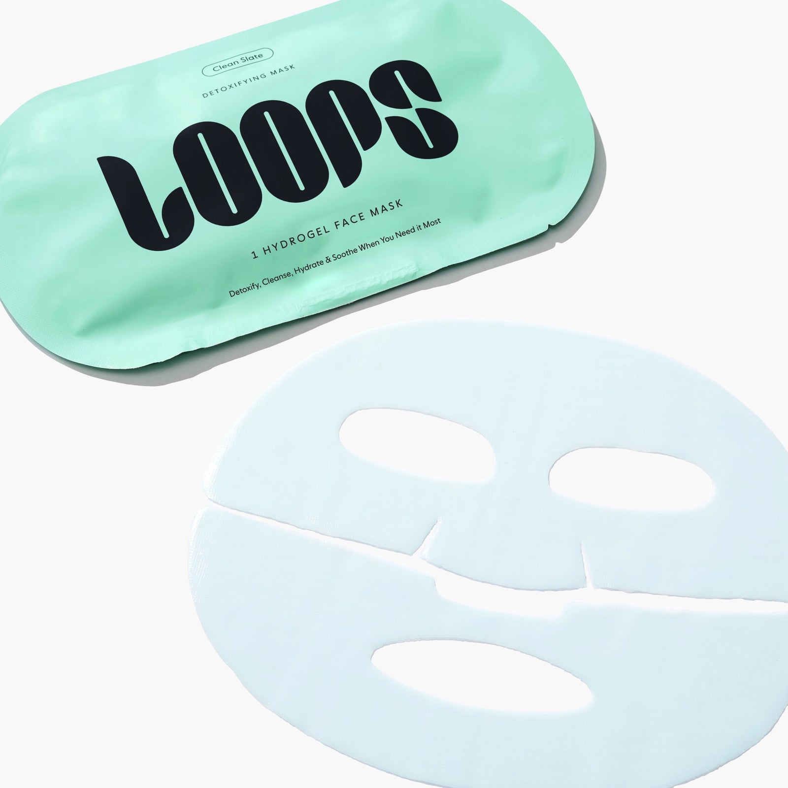 Hydrogel face mask with packaging labeled 'LOOPS' on a white background