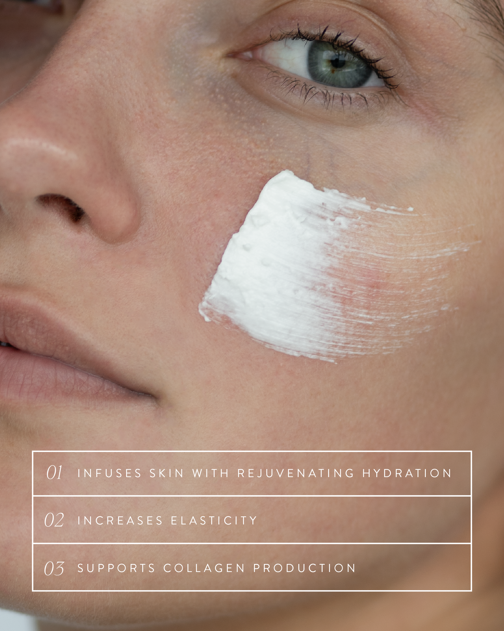 Close-up of a person's face with a skincare product applied, HA Collagen Boosing Serum, text highlighting benefits.