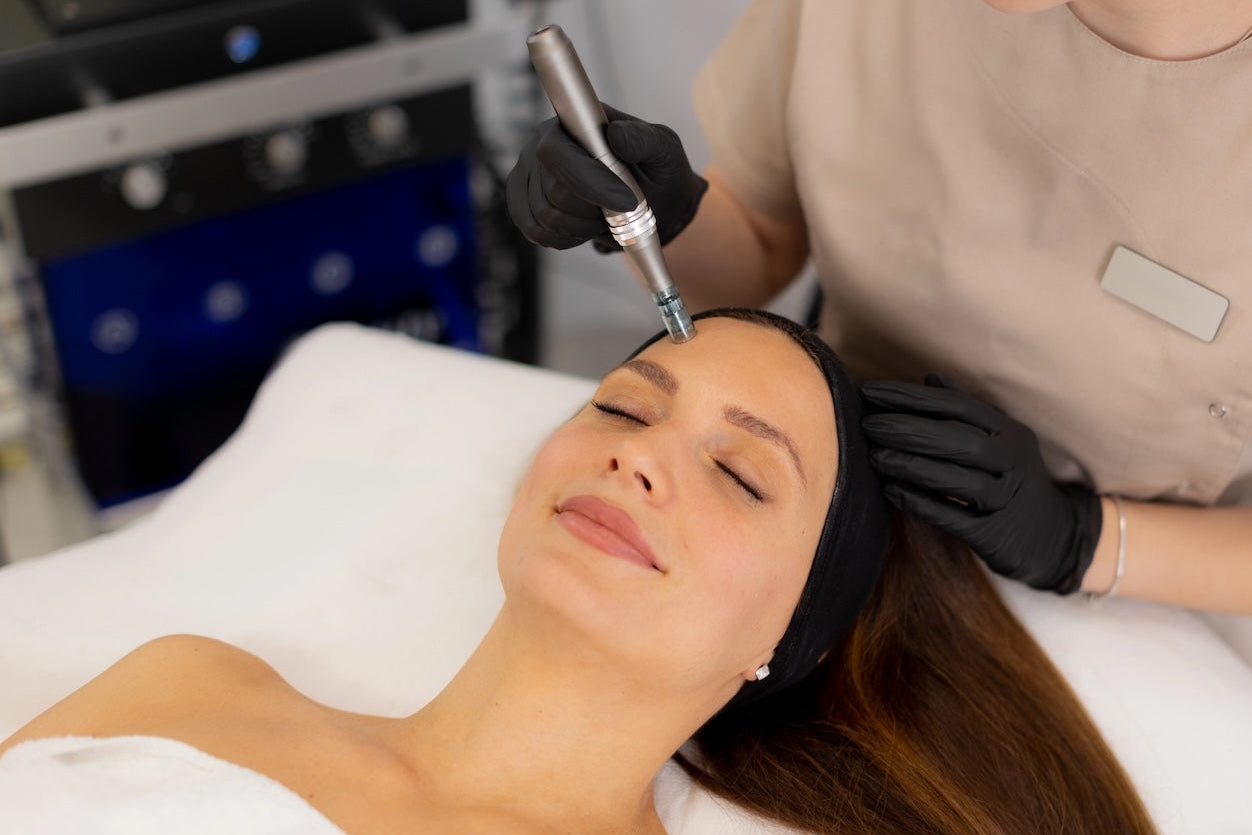 Woman receiving a facial treatment with a device from a professional in a clinical setting.